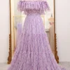Light Purple Off The Shoulder A-Line Printed Long Prom Dress
