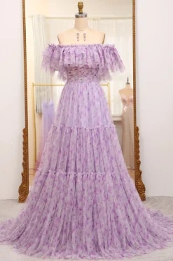 Light Purple Off The Shoulder A-Line Printed Long Prom Dress