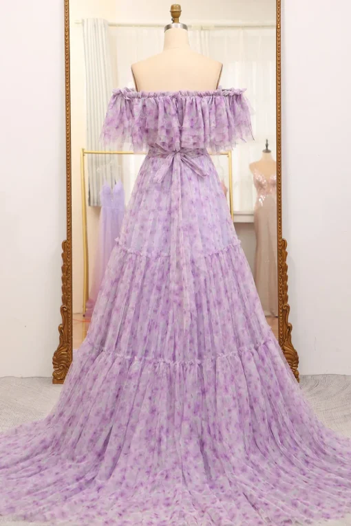 Light Purple Off The Shoulder A-Line Printed Long Prom Dress