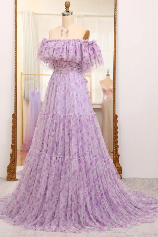 Light Purple Off The Shoulder A-Line Printed Long Prom Dress