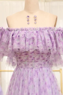Light Purple Off The Shoulder A-Line Printed Long Prom Dress