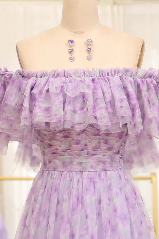 Light Purple Off The Shoulder A-Line Printed Long Prom Dress
