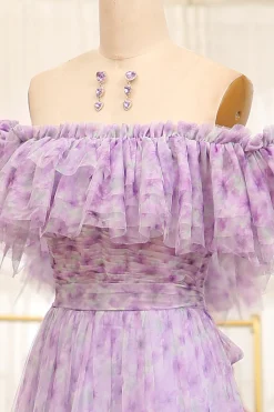 Light Purple Off The Shoulder A-Line Printed Long Prom Dress