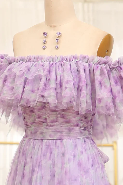 Light Purple Off The Shoulder A-Line Printed Long Prom Dress