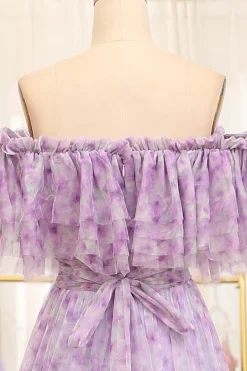 Light Purple Off The Shoulder A-Line Printed Long Prom Dress