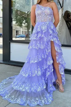 Light Purple Tiered Corset Appliques One Shoulder Prom Dress with Slit
