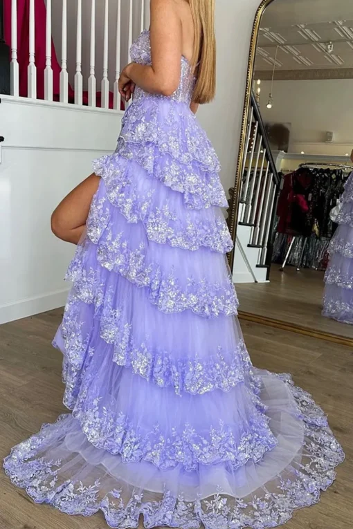 Light Purple Tiered Corset Appliques One Shoulder Prom Dress with Slit