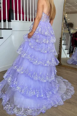 Light Purple Tiered Corset Appliques One Shoulder Prom Dress with Slit