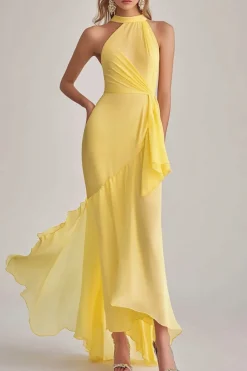 Light Yellow Halter Neck Mermaid Chiffon Long Wedding Guest Dress