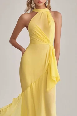 Light Yellow Halter Neck Mermaid Chiffon Long Wedding Guest Dress