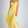 Light Yellow Spaghetti Straps Mermaid Chiffon Long Wedding Guest Dress