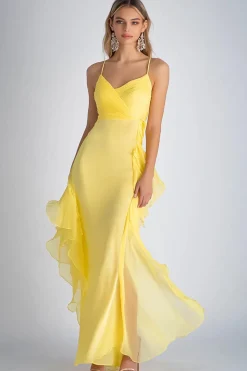 Light Yellow Spaghetti Straps Mermaid Chiffon Long Wedding Guest Dress