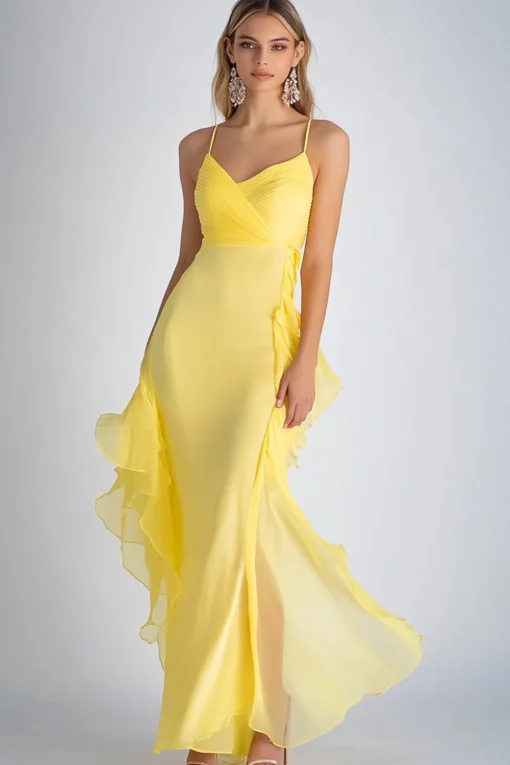 Light Yellow Spaghetti Straps Mermaid Chiffon Long Wedding Guest Dress