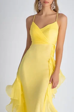 Light Yellow Spaghetti Straps Mermaid Chiffon Long Wedding Guest Dress