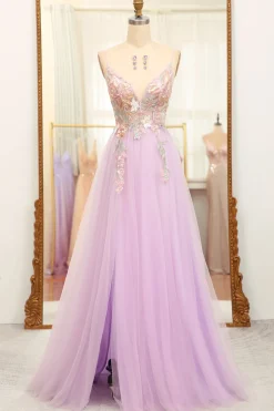 Lilac A Line Spaghetti Straps Long Prom Dress with Appliques