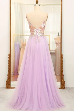 Lilac A Line Spaghetti Straps Long Prom Dress with Appliques