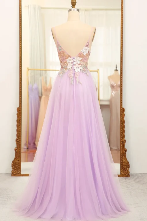Lilac A Line Spaghetti Straps Long Prom Dress with Appliques