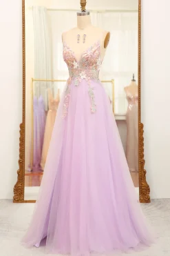 Lilac A Line Spaghetti Straps Long Prom Dress with Appliques