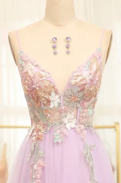Lilac A Line Spaghetti Straps Long Prom Dress with Appliques