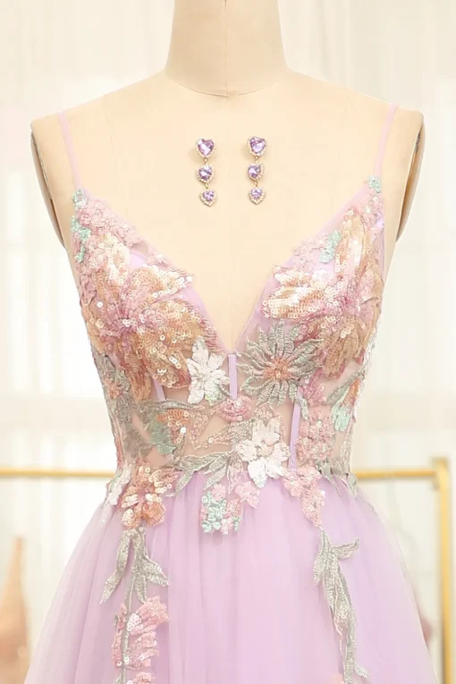 Lilac A Line Spaghetti Straps Long Prom Dress with Appliques