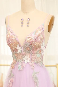 Lilac A Line Spaghetti Straps Long Prom Dress with Appliques