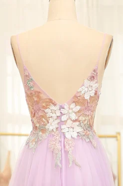 Lilac A Line Spaghetti Straps Long Prom Dress with Appliques