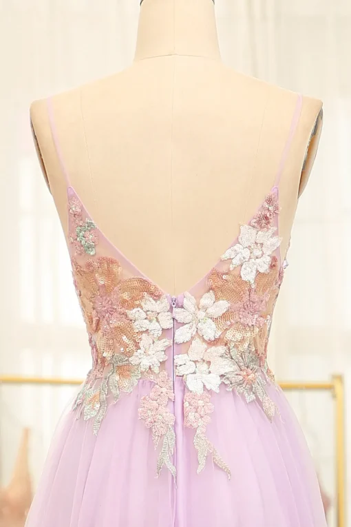 Lilac A Line Spaghetti Straps Long Prom Dress with Appliques