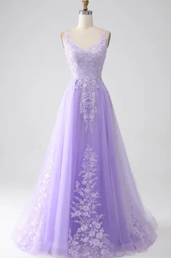 Lilac A-Line Spaghetti Straps Tulle Long Prom Dress with Appliques