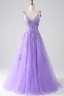 Lilac A-Line Spaghetti Straps Long Prom Dress with Appliques