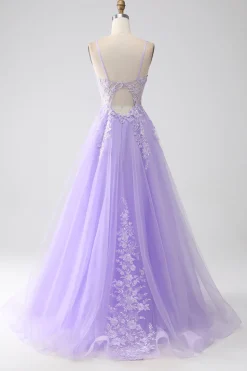 Lilac A-Line Spaghetti Straps Tulle Long Prom Dress with Appliques