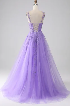 Lilac A-Line Spaghetti Straps Long Prom Dress with Appliques