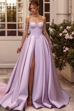Lilac A-Line Sweetheart Long Corset Satin Prom Dress with Slit (Gloves are not Included)