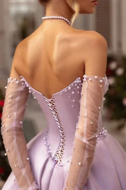 Lilac A-Line Sweetheart Long Corset Satin Prom Dress with Slit (Gloves are not Included)