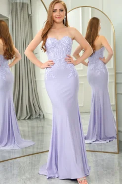 Lilac Mermaid Strapless Long Corset Prom Dress with Appliques