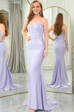 Lilac Mermaid Strapless Long Corset Prom Dress with Appliques
