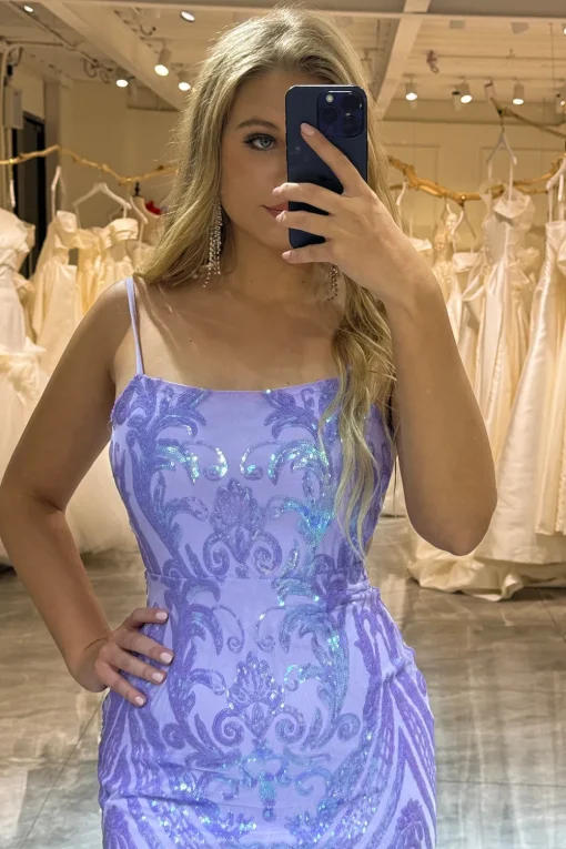 Lilac Spaghetti Straps Mermaid Backless Long Prom Dress With Sequin