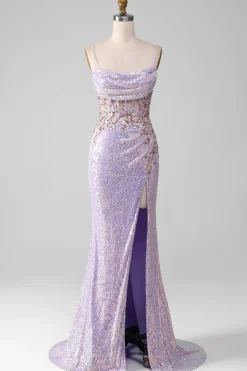 Lilac Sparkly Spaghetti Straps Mermaid Prom Dress with Slit
