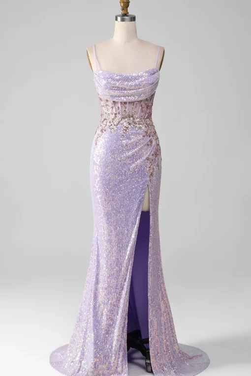 Lilac Sparkly Spaghetti Straps Mermaid Prom Dress with Slit