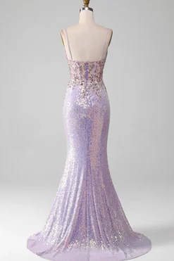 Lilac Sparkly Spaghetti Straps Mermaid Prom Dress with Slit