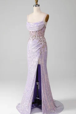 Lilac Sparkly Spaghetti Straps Mermaid Prom Dress with Slit