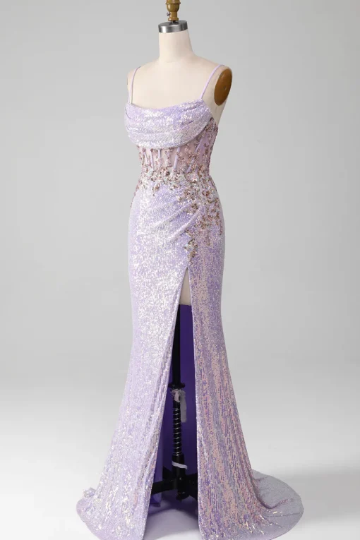 Lilac Sparkly Spaghetti Straps Mermaid Prom Dress with Slit
