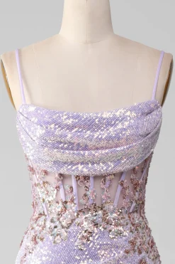 Lilac Sparkly Spaghetti Straps Mermaid Prom Dress with Slit