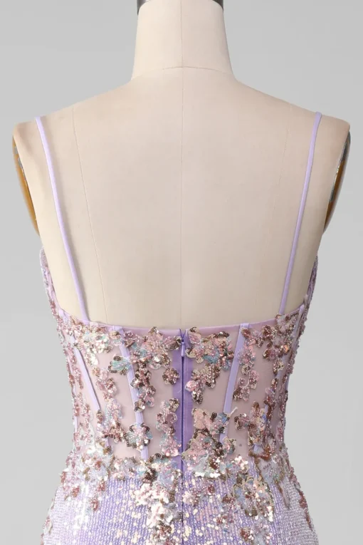 Lilac Sparkly Spaghetti Straps Mermaid Prom Dress with Slit