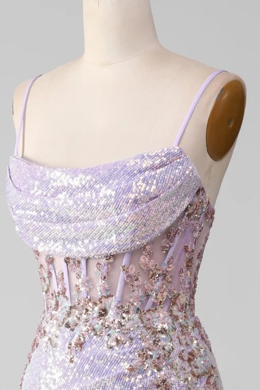 Lilac Sparkly Spaghetti Straps Mermaid Prom Dress with Slit