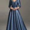 Long Sleeves A Line Dark Blue V Neck Mother of the Bride Dress
