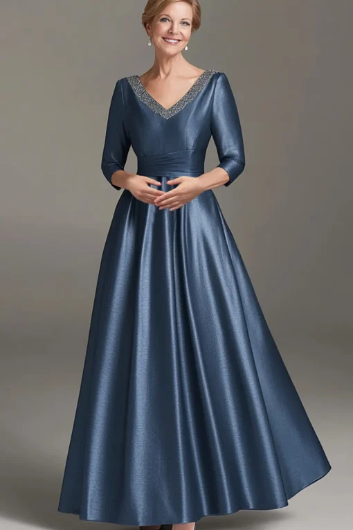 Long Sleeves A Line Dark Blue V Neck Mother of the Bride Dress