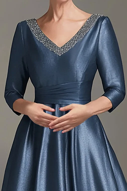 Long Sleeves A Line Dark Blue V Neck Mother of the Bride Dress