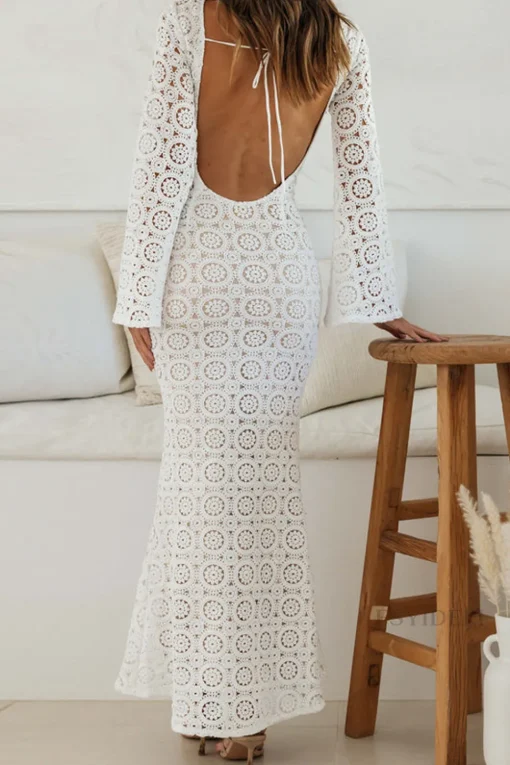 Long Sleeves Tea Length Open Back White Graduation Dress