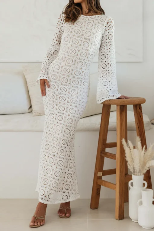 Long Sleeves Tea Length Open Back White Graduation Dress