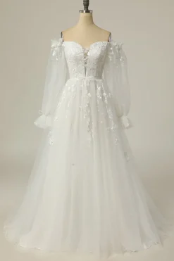 Luxurious A Line Off the Shoulder White Wedding Dress with Appliques